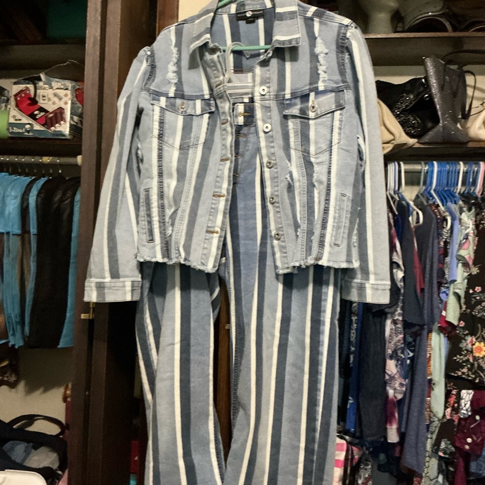 Ashley Stewart Blue and White Jean Jacket Distressed Design with pants set